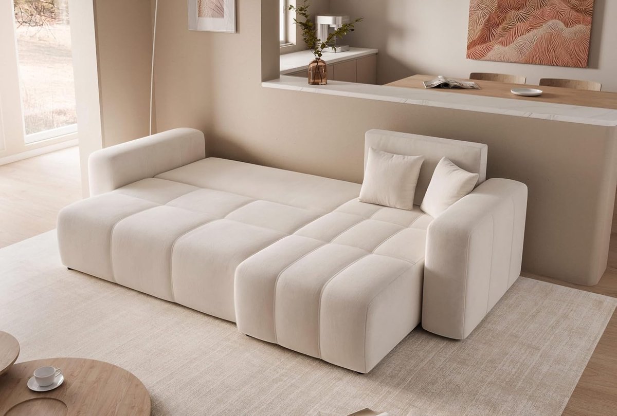 Luxe Beige Hoekbank 3-Zits met Slaapfunctie en Bedbox – Multifunctionele L-Vormige Sofa 145x248 cm met Opbergruimte en Verwisselbare Ottomane – Moderne Comfortabele Slaapbank