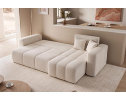 Luxe Beige Hoekbank 3-Zits met Slaapfunctie en Bedbox – Multifunctionele L-Vormige Sofa 145x248 cm met Opbergruimte en Verwisselbare Ottomane – Moderne Comfortabele Slaapbank