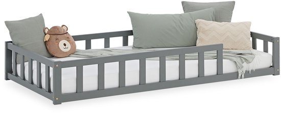 Lit enfant Homestyle4u - 90 x 200 cm - Lit au sol avec sommier à lattes et protection anti-chute - Grijs