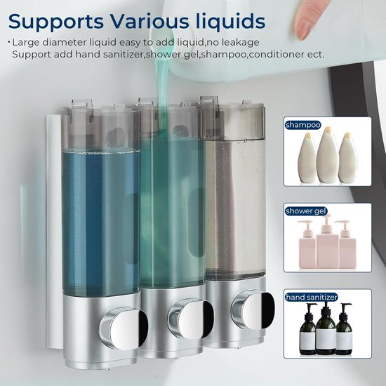 modunful Shampoo- en conditionerdispenser, douche-dispenser, 3 kamers, geen boren, shampoodispenser voor douche, wandmontage, conditioner, douchegel, vloeibare zeep voor badkamer, grote capaciteit