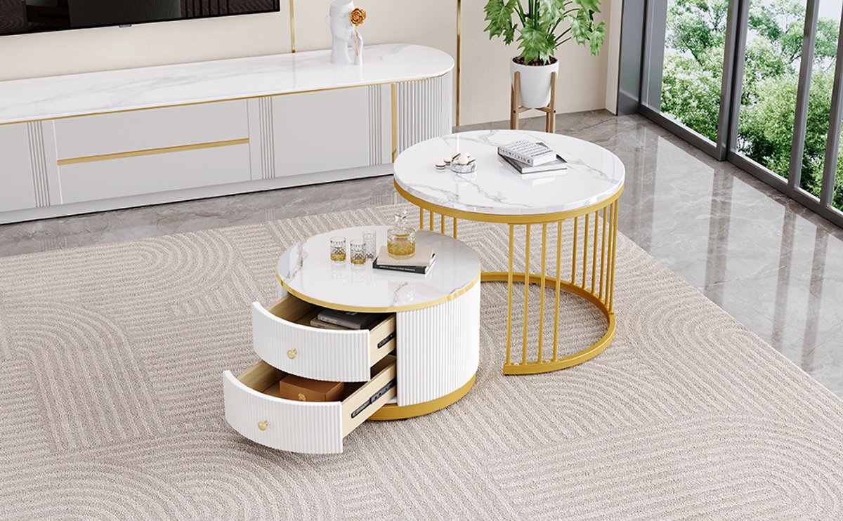 STILVORA Salontafels - Rond 2 Delige Set Salontafel Met Laden - Multifunctionele Opbergruimte Voor Balkon En Woonkamer - MDF Hoogglans Bovenblad - Goud - Vorm Rond - 60x60x45,5 + 50x50x32 cm