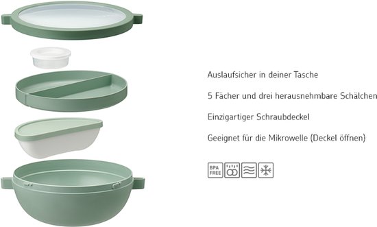 Bol bento Mepal Vita – 5 compartiments dont 3 récipients amovibles – Boîte Bento – Boîte repas salade – Sauge nordique