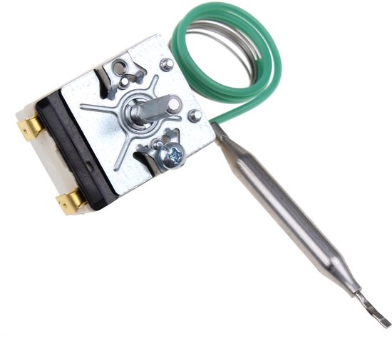 Thermostaat van metaal met een groene, opgerolde kabel en een lange metalen sonde.