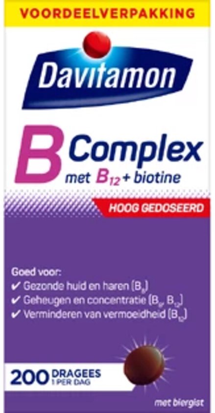Davitamon B Complex met B12 + biotine, voordeelverpakking, 200 dragees per dag.