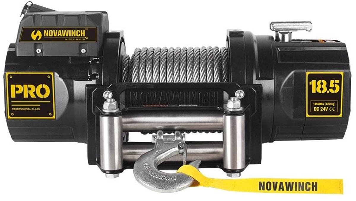 NovaWinch PRO 18500 - Elektrische lier 24V - Bergingslier met 5670 kg trekkracht - Met 25 mtr staalkabel met haak + veiligheidsklep - Incl. 4m kabelafstandbediening. Accessoires op aanvraag leverbaar.