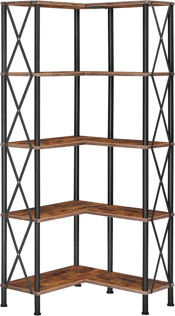 Boekenkast met 5 niveaus, industrieel groot hoekrek, L-vormig rek, hoog opbergrek, vloerstaand hoekrek, staand rek, voor woonkamer, slaapkamer, kantoor, vintage bruin