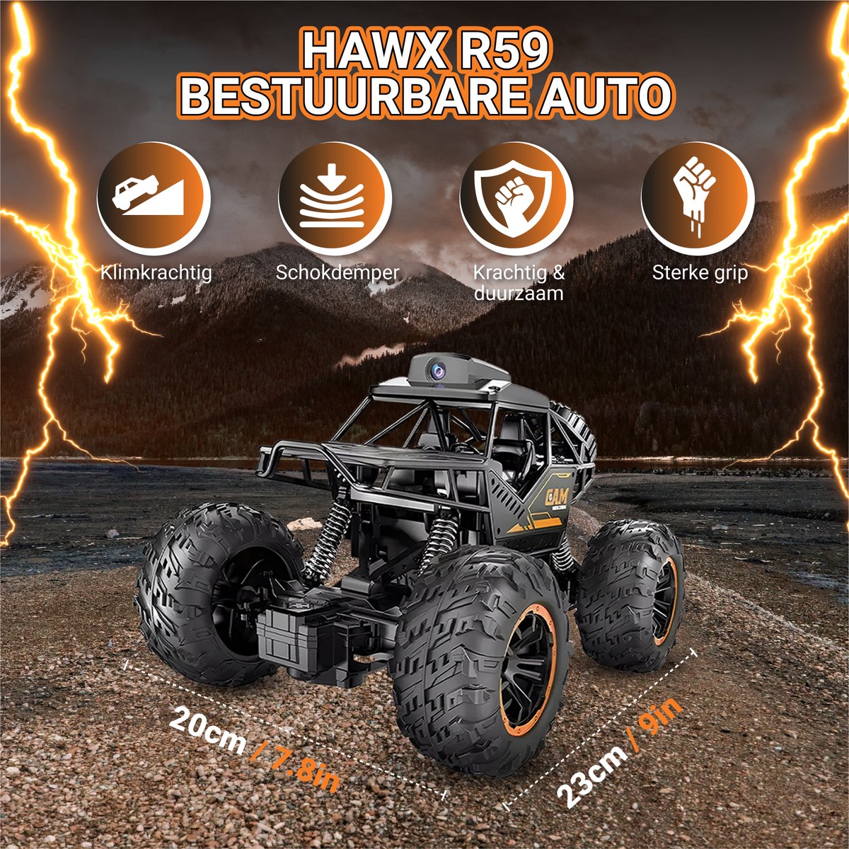 HAWX Bestuurbare Auto - 4K Camera - RC Auto - Race Auto - Monstertruck - Afstandsbestuurbare Auto - Volwassenen en Jongens - Voor Buiten - Incl. 3 Batterijen, 8 Verkeerskegels — afbeelding 4