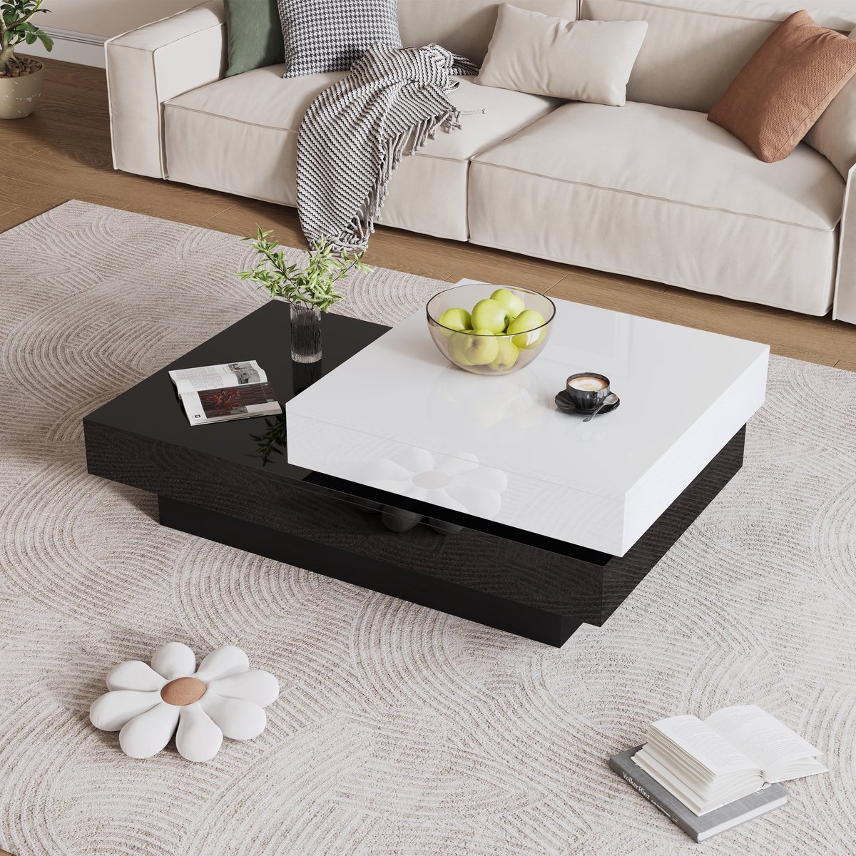 Wishdor Draaibare salontafel 2-laags hoogglans wit/zwart, 103×60×35,5 cm, draaiplateau en opbergvakken