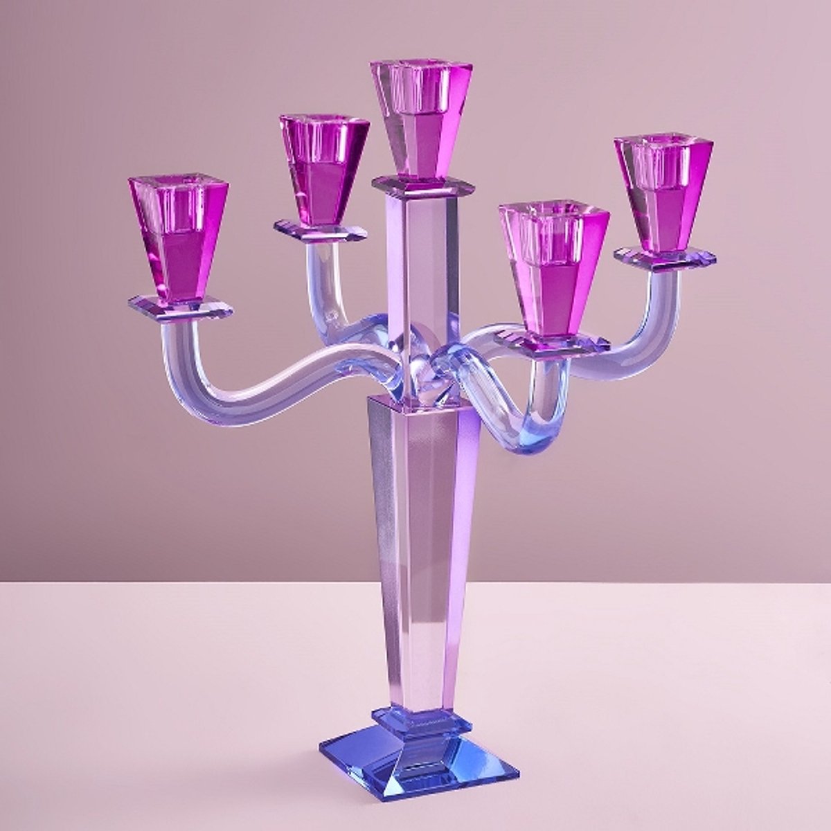 Kandelaar Paars - Glas - Kaarsenhouder Fancy Crystal - 5-Vlammen - Paars Kristalglas - 40 cm Hoog