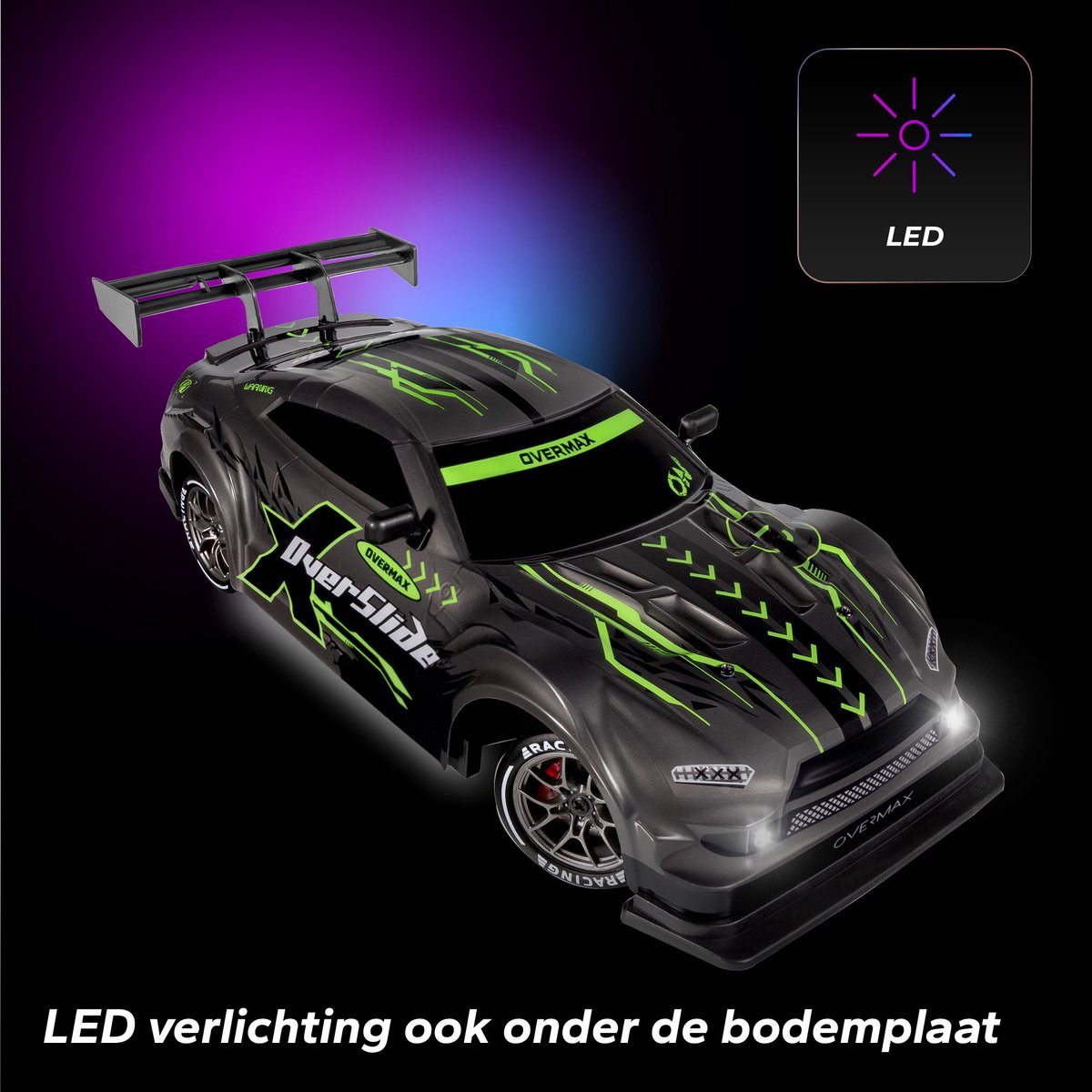 Overmax X-Overslide – Bestuurbare Auto 2in1: DRIFT & Race – 20 km/h – 2 Snelheidsstanden – 2 Batterijen – 40min Speeltijd – 2 Carrosserieën – 2 Wielensets – LED Onderverlichting – Obstakelset – Gecodeerde Besturing – RC Auto — afbeelding 15