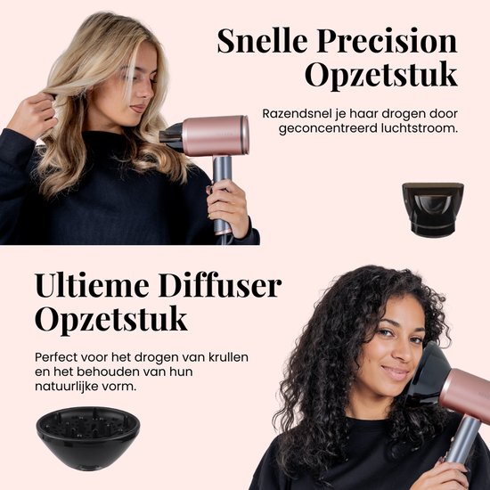 Vrouw met steil haar en de Beyeza haardroger met opzetstuk. Vrouw met krullend haar en de diffuser opzetstuk.