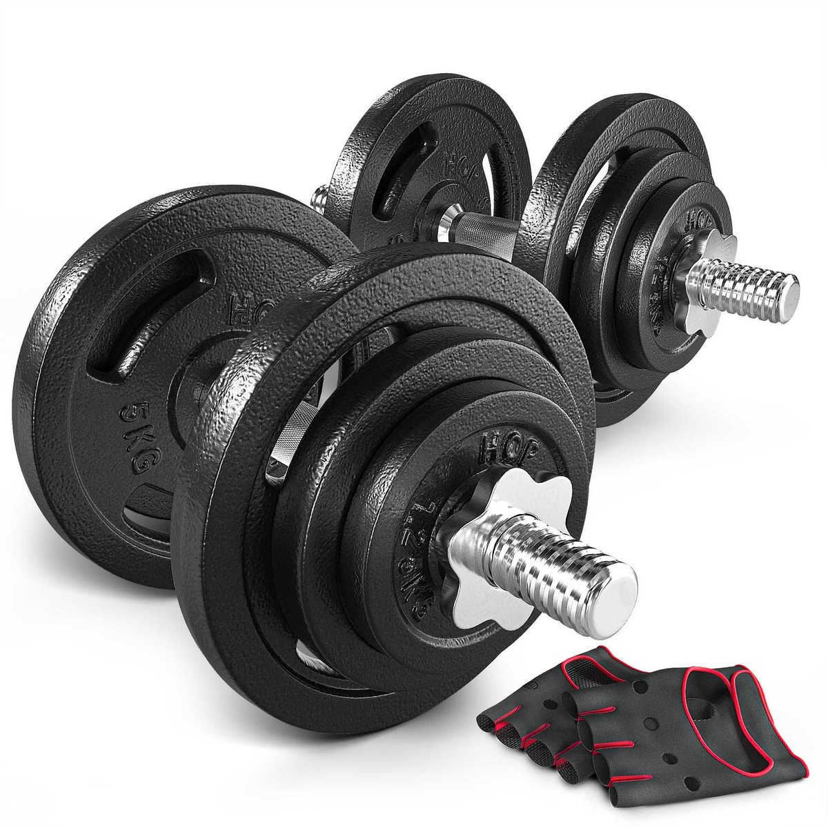 Hop-Sport Gietijzer – Halterset – 40 kg (2 x 20 kg) – Schroefsluiting – Inclusief neopreen handschoenen