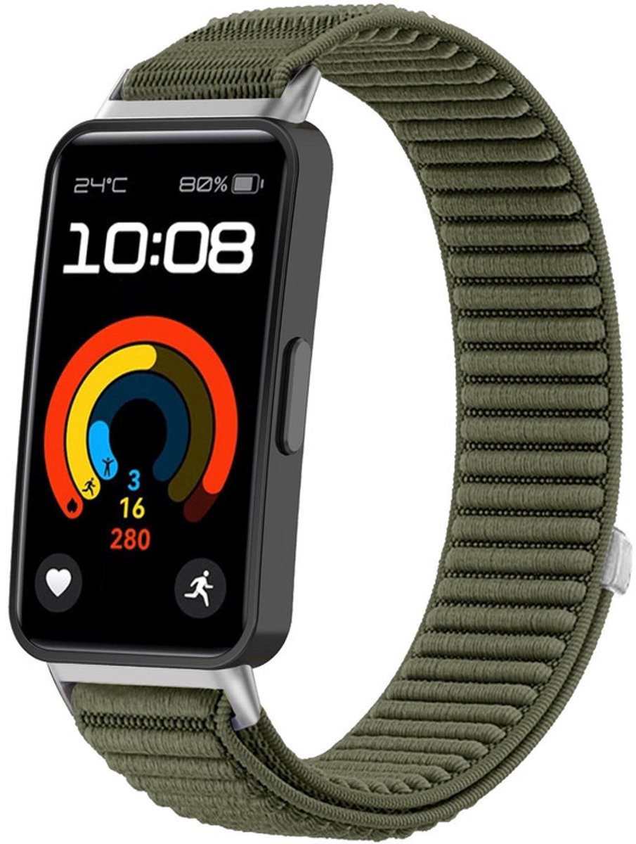 Nylon bandje - geschikt voor Huawei Band 10 / Huawei Band 9 / Huawei band 8 - ribbels met klittenbandsluiting - donkergroen