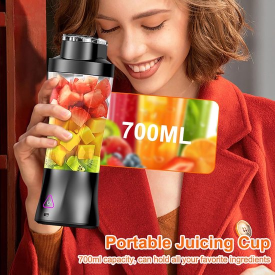 Smoothie Maker, draagbare mixer/blender 700 ml, krachtige mini-mixer to go, 6000 mAh batterij, draagbare blender versnippert ijs en fruit, lekvrij deksel, sapcentrifuge, BPA-vrij, zwart van Merkloos — afbeelding 3