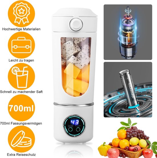 Draagbare blender van 700 ml - Draadloze blender met 12 messen en zelfreinigende functie, USB-C-interface, geschikt voor het maken van smoothies en crèmes, wit. — afbeelding 5