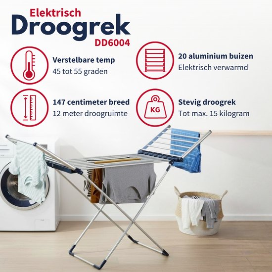 Dirt Devil Elektrisch Droogrek met Verwarming 230W - Staand Wasrek Inklapbaar met 12M Droogruimte - IPX1 Waterbestendig Wasdroogrek - 147 x 54 x 94 cm - Aluminium