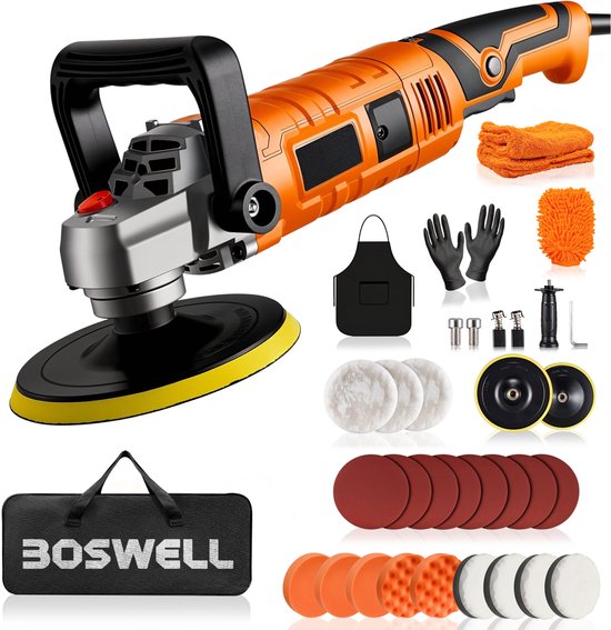BOSWELL Polisseuse - Polisseuse pour voiture - Moteur puissant - 7 vitesses - 20 disques de polissage et accessoires inclus
