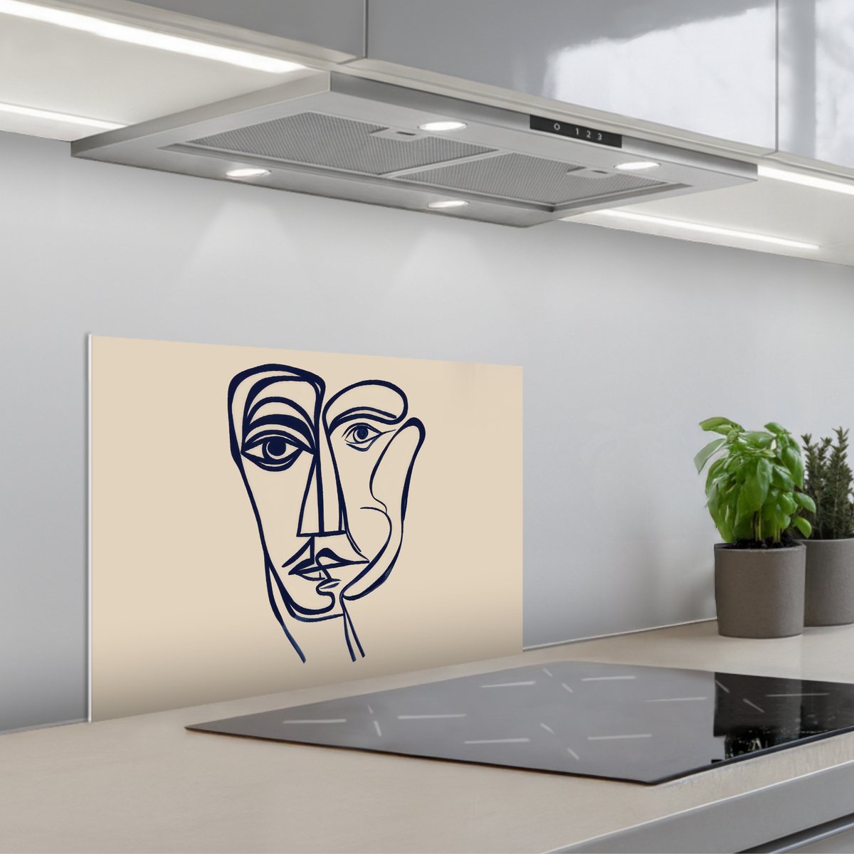 Spatscherm 60x40 cm - Zelfklevende achterwand Minimalistisch - Lijnillustratie - Beige - Donkerblauw - Keuken muurbeschermer - Spatwand fornuis