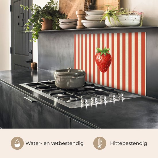 Spatscherm 100x65 cm - Zelfklevende achterwand Aardbei - Strepen - Rood - Keuken muurbeschermer - Spatwand fornuis