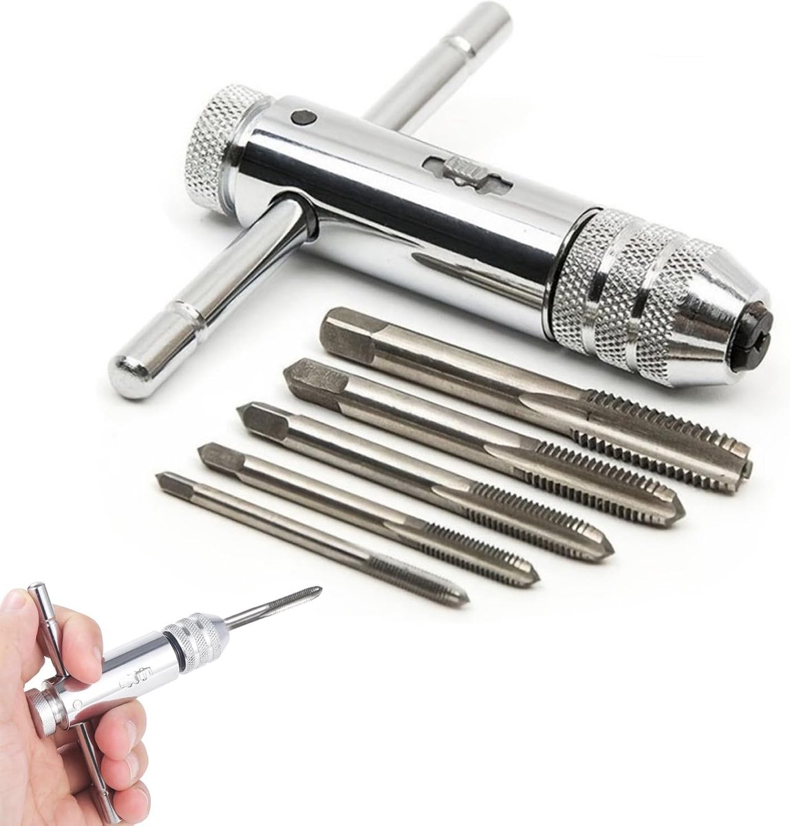 Set van 6 Draadboor Bits - Draad Tappen - Windijzer - M3 - M4 - M5 - M6 - M8 HSS - T-Handgreep Ratchet - Draadknipper - Houder Sleutel - Gereedschap Houder met Converter Ratchet Hoofd