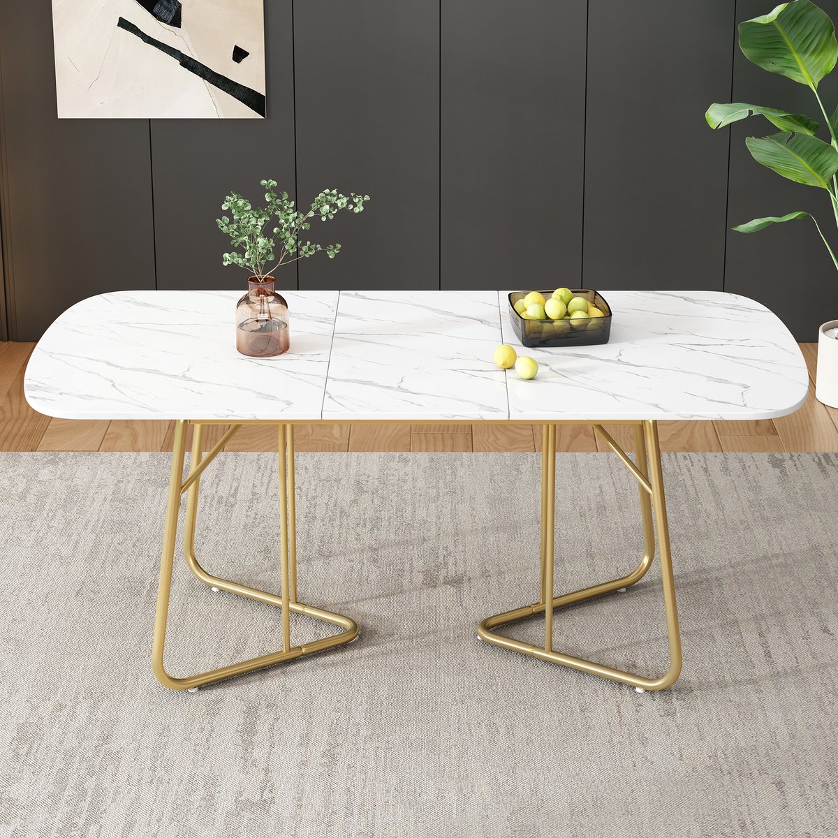 MODFU Uitschuifbare eettafel 140/180×80 cm – wit marmerpatroon, goud metalen poten, MDF, modern luxe