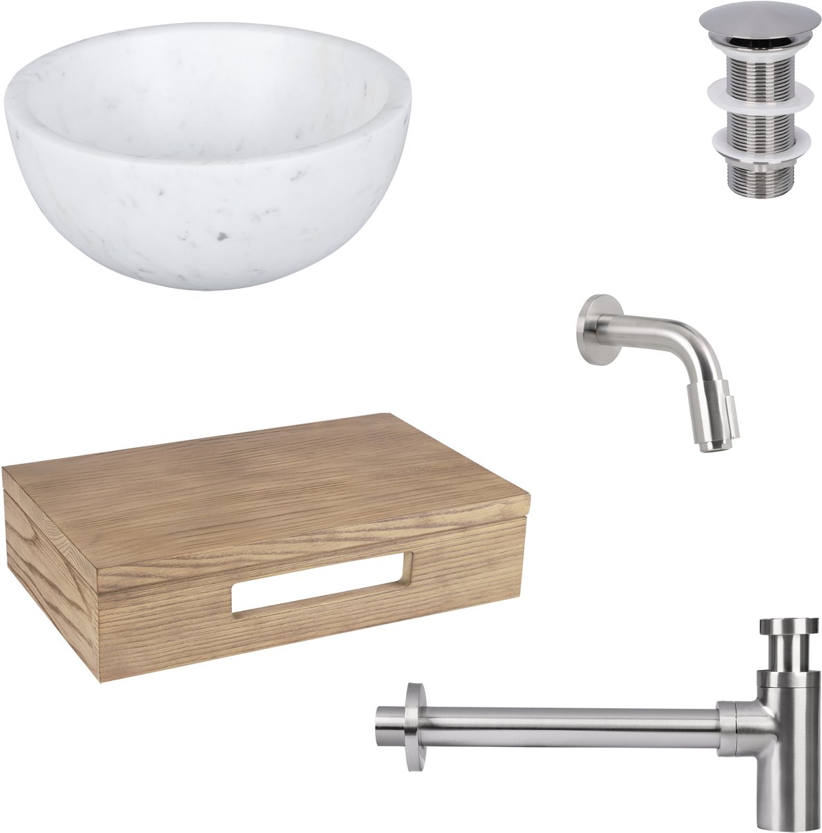 Differnz Ruz fonteinset - waskom marmer - muurkraan 11 cm mat chroom - inclusief wastafelplank licht eiken