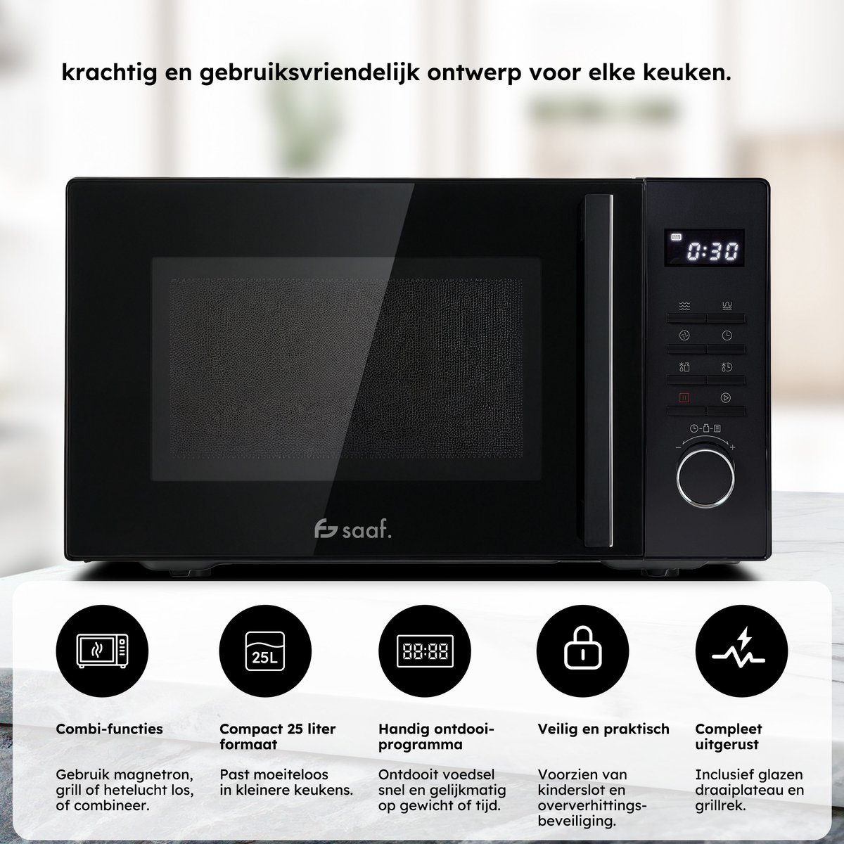 Saaf Combi Magnetron - 25L - Grill en Hetelucht Functie - 10 kookprogramma's - 900W - Zwart thumbnail 2