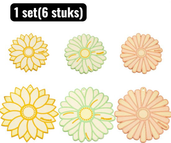 Set van zes onderzetters in bloemvorm, met de tekst '1 set(6 stuks)', in geel, groen en oranje.