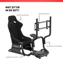 Compleet zwart racecockpit met kuipstoel, racesimulator frame, monitorsteun, stuurwielbevestiging en versnellingspook houder.