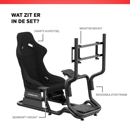 Compleet zwart racecockpit met kuipstoel, racesimulator frame, monitorsteun, stuurwielbevestiging en versnellingspook houder.