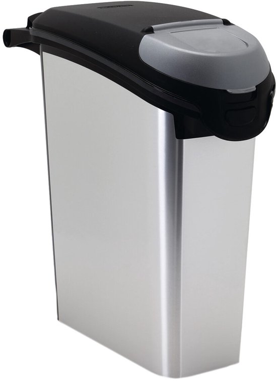 Metallic container met zwart en grijs deksel.