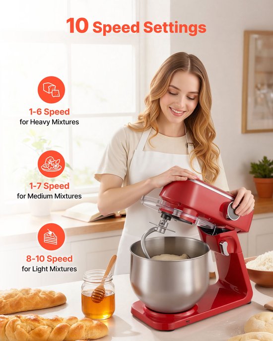 7,4 L Elektrische Standmixer, 1800W Keukenmixer met 10 Snelheden, Kantelbaar Kopontwerp, Roestvrijstalen Kom, Deeghaak Garde en Klopper voor Bakken, Mixen, Kloppen en Kneden, Zilver van Merkloos — afbeelding 5