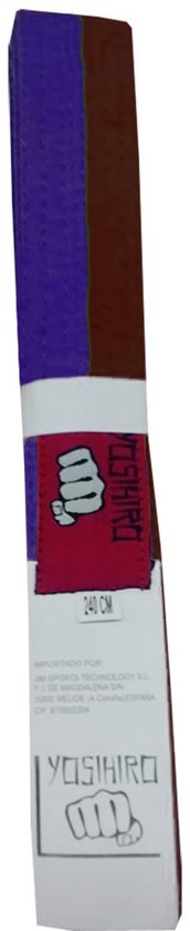 Paarse en bruine karate/judo riem, 240 cm, met rood Yoshihiro label en vuistlogo.