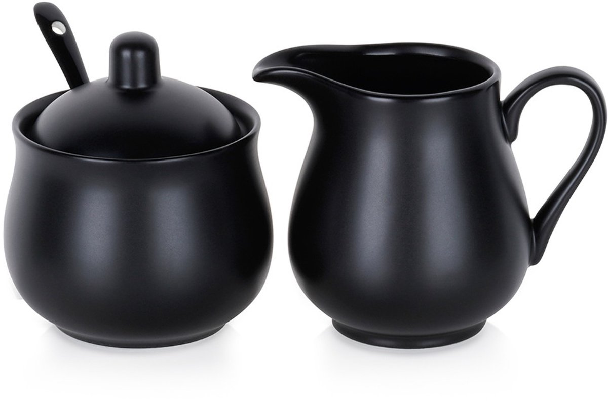 Vilde Serie - Porseleinen Set - Cukierniczka En Melkkan - 3 Stuks - Zwart