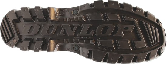 Onderkant van een zwarte Dunlop regenlaars met merknaam en profiel.