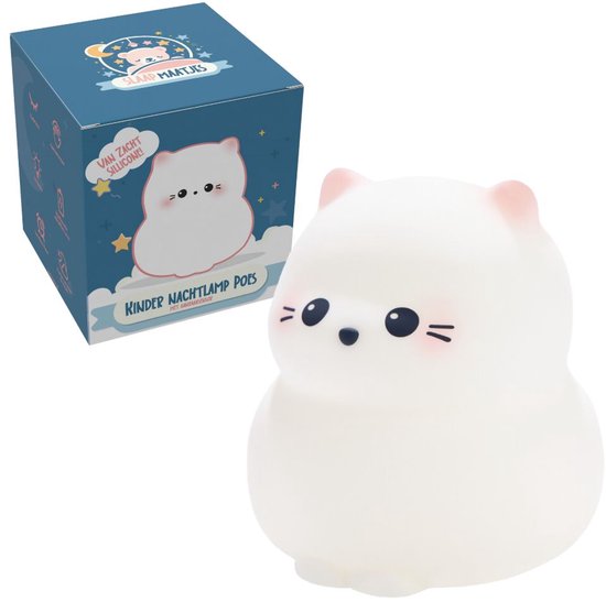 Wit katten nachtlampje van zacht siliconen met roze oortjes en een schattig gezichtje. Naast de lamp staat de verpakking.