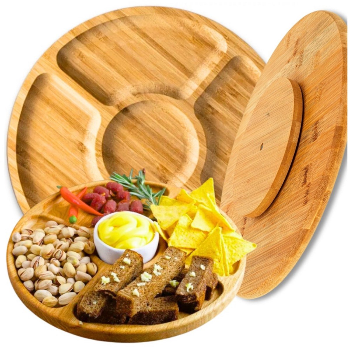 More&Deco - Ronde Bamboe Serveerplank - 33 cm - Draaibaar - Hoogwaardige Kwaliteit