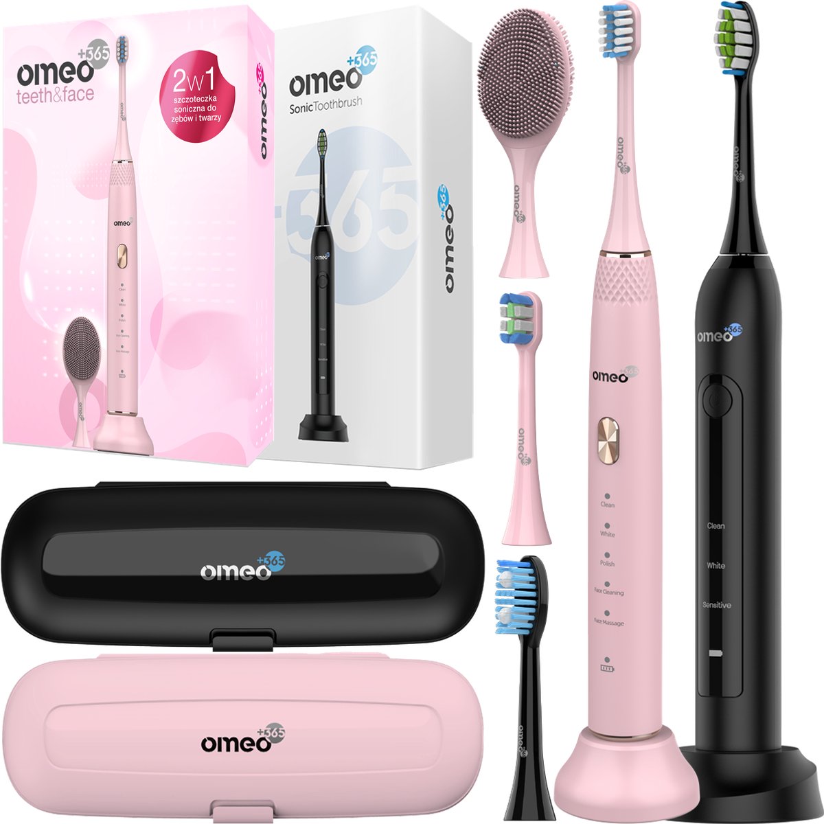 OMEO Classic & Teeth&Face Set - Sonische Tandenborstels - 48000/96000 bewegingen - 60 dagen batterij - 2 stuks