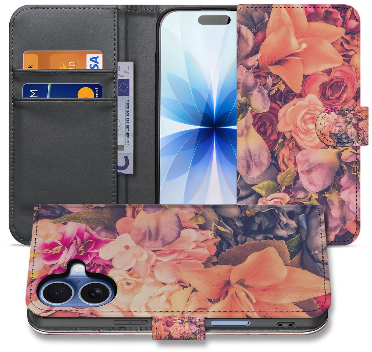 Book Case iPhone 17 Bosje Bloemen Roze Oranje Paars