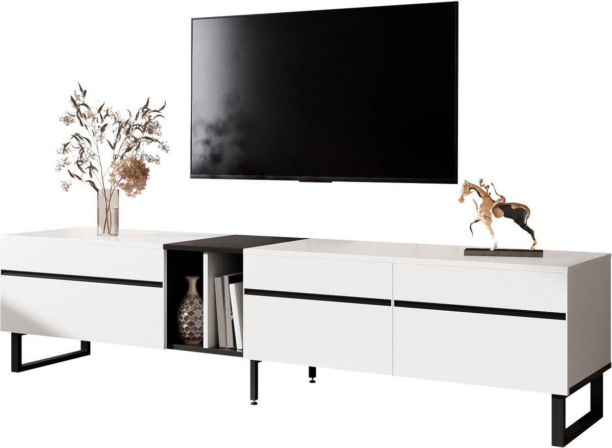 Clruro TV-Meubel- 180 cm - Klapvak, Open Vakken, Doppeldeuren - Minimalistisch TV-Lowboard, Veel Opbergruimte - MDF - Wit