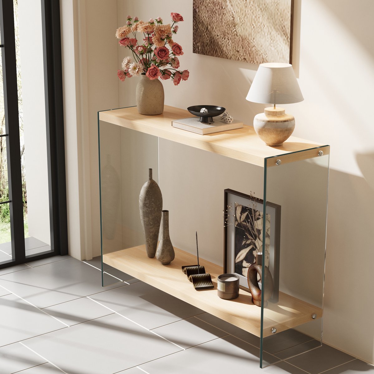 Artloge Consoletafel - 2 Planken - Houtlook - Console Tafel met Gehard Glas - 120x30x76cm - Haltafel voor Hal, Woonkamer, Entree