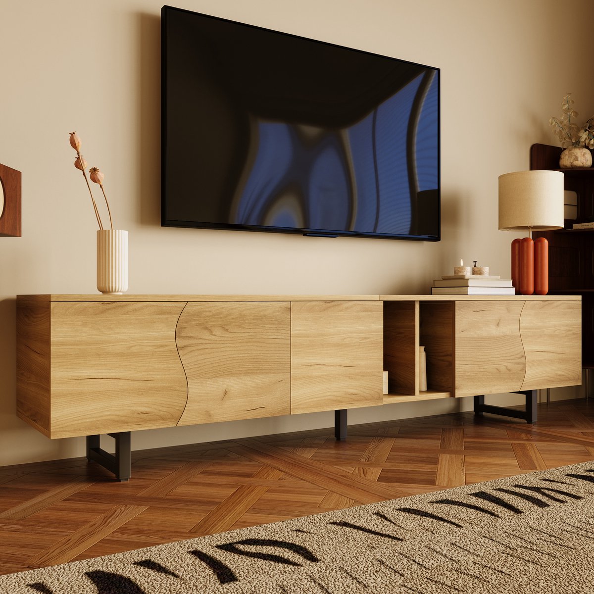 REDOM TV-meubel 191 cm – Moderne TV-kast met gesloten kasten en open vakken – Ruime opbergruimte voor woonkamer en zithoek – PB/MDF – Natural Natuurlijk