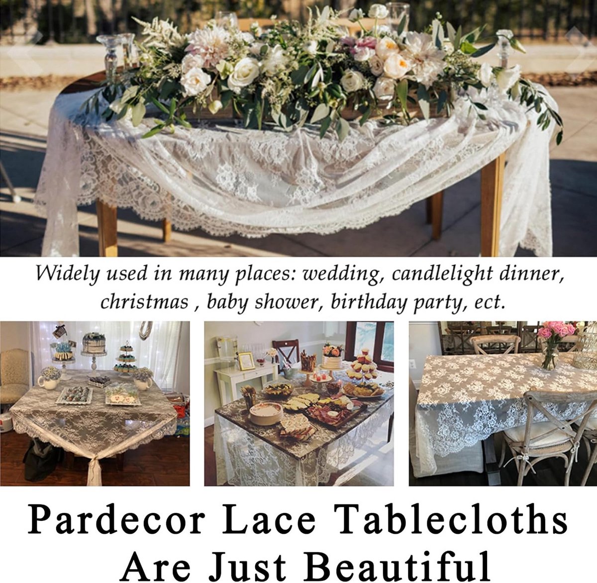 Rechthoekig Wit Kant Tafelkleed met Geborduurde Bloemen - Vintage Linnen Look