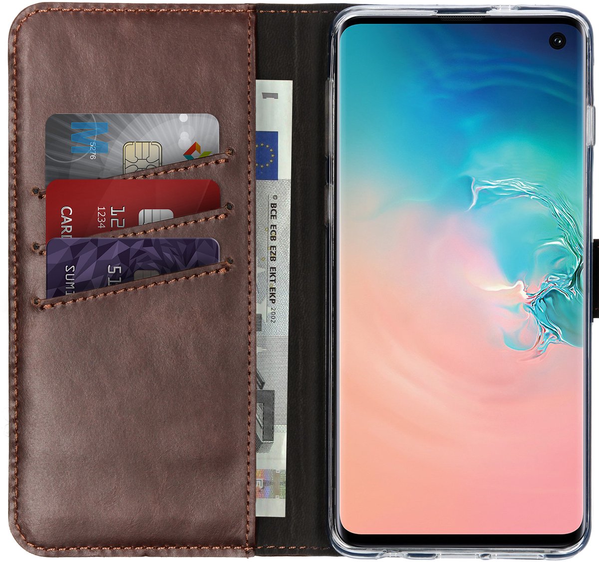 Selencia Hoesje - Geschikt voor Samsung Galaxy S10 - Echt Lederen Bookcase - Bruin