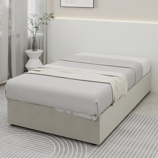 Foto: Gestoffeerd bed 140x200 cm met led en usb hydraulisch tweepersoonsbed met lattenbodem en hoofdeinde opbergruimte opbergbed zonder matras grijs linnen
