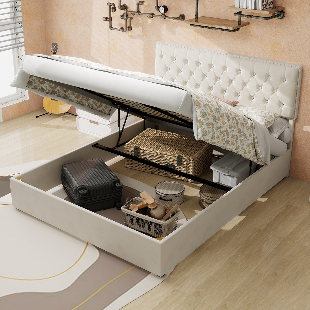 Tweepersoonsbedden - 140x200CM - Modern Minimalistisch Zacht Bed Hoge Box Met Pneumatische Stang - Beige (Geen Matras)