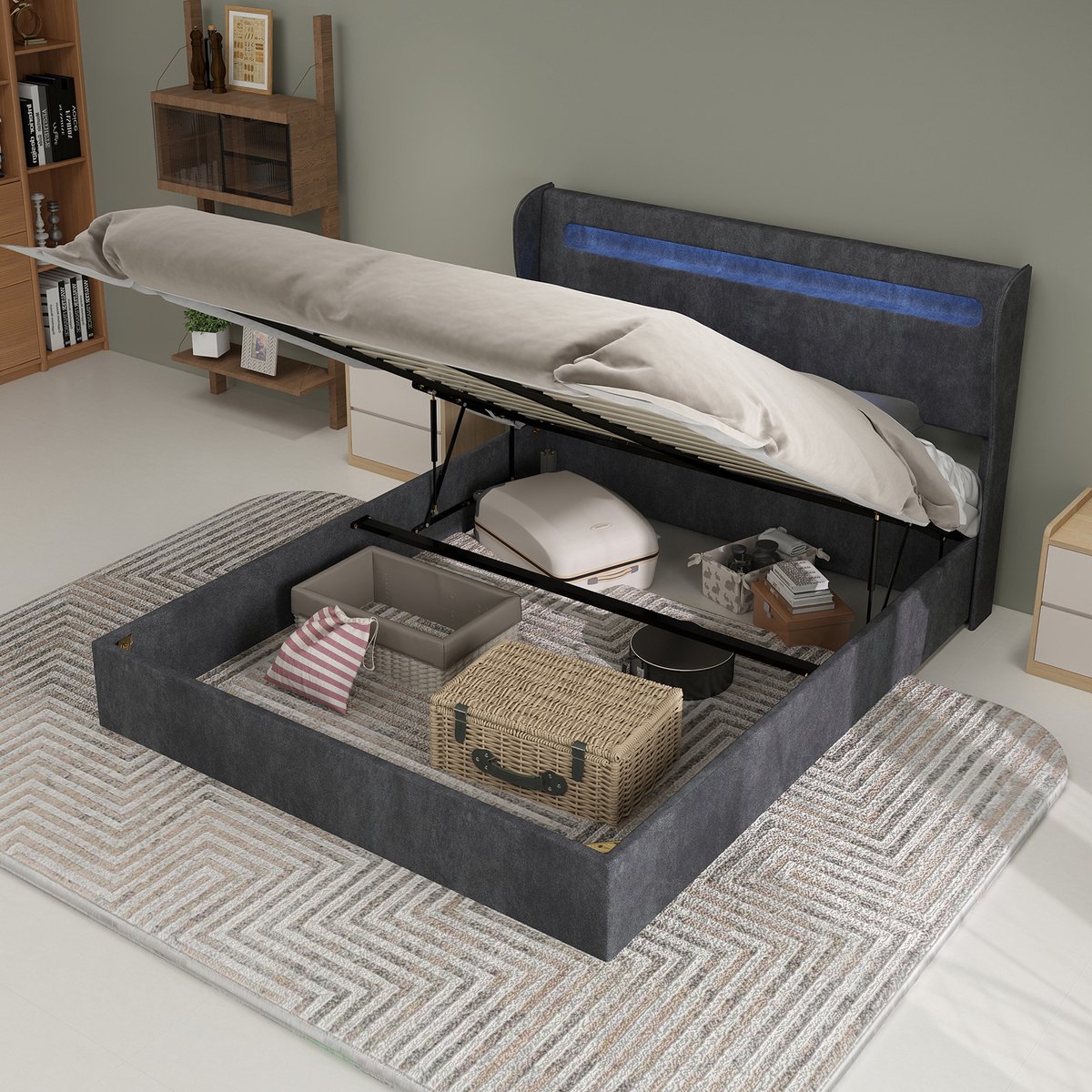 Clruro Tweepersoonsbedden - 140x200CM - Modern Minimalistisch Zacht Bed Hoge Box Met LED-Hoofdbord - Grijs (Geen Matras)