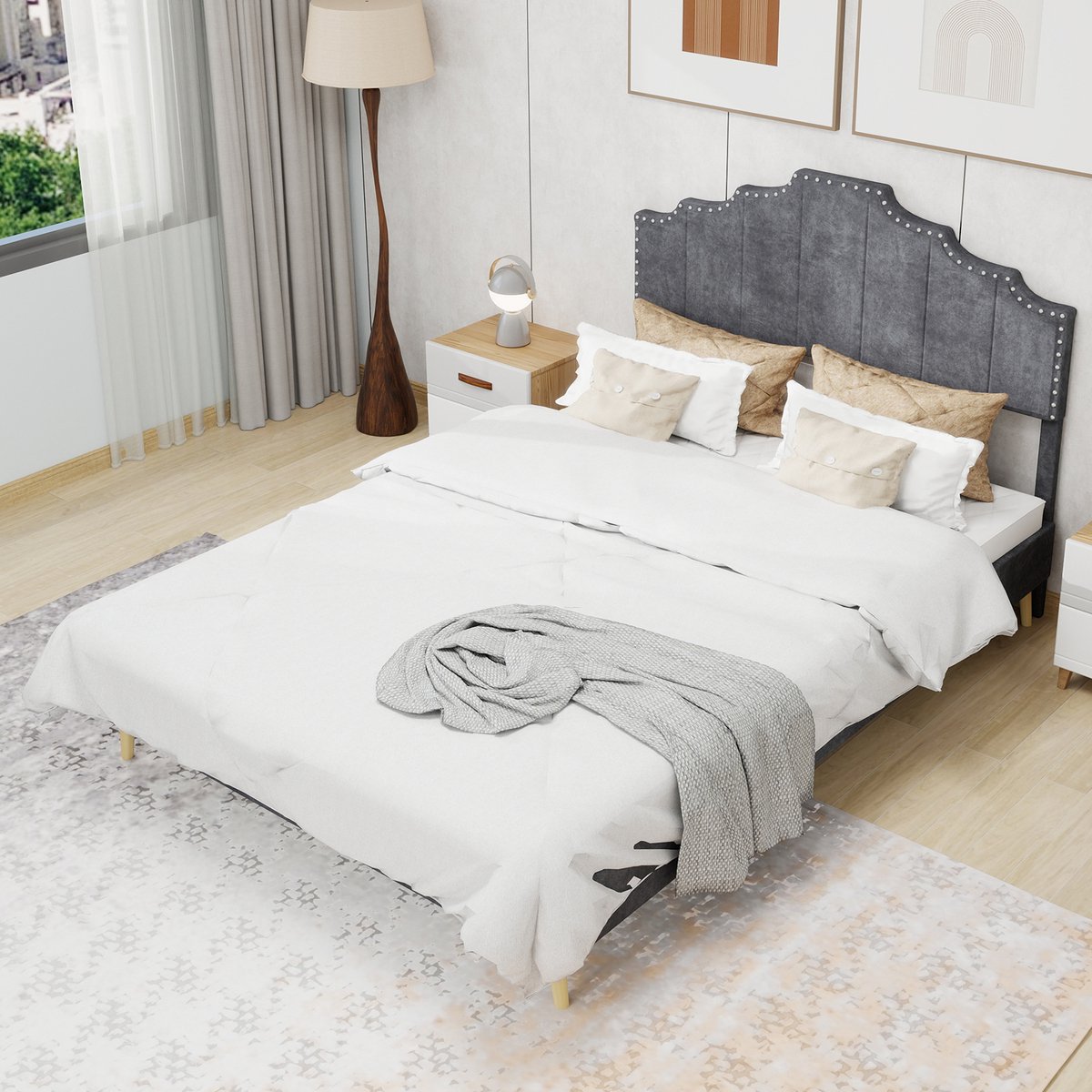 Tweepersoonsbedden - 160x200CM - Modern Minimalistisch Zacht Bed Met Comfortabel Hoofdbord