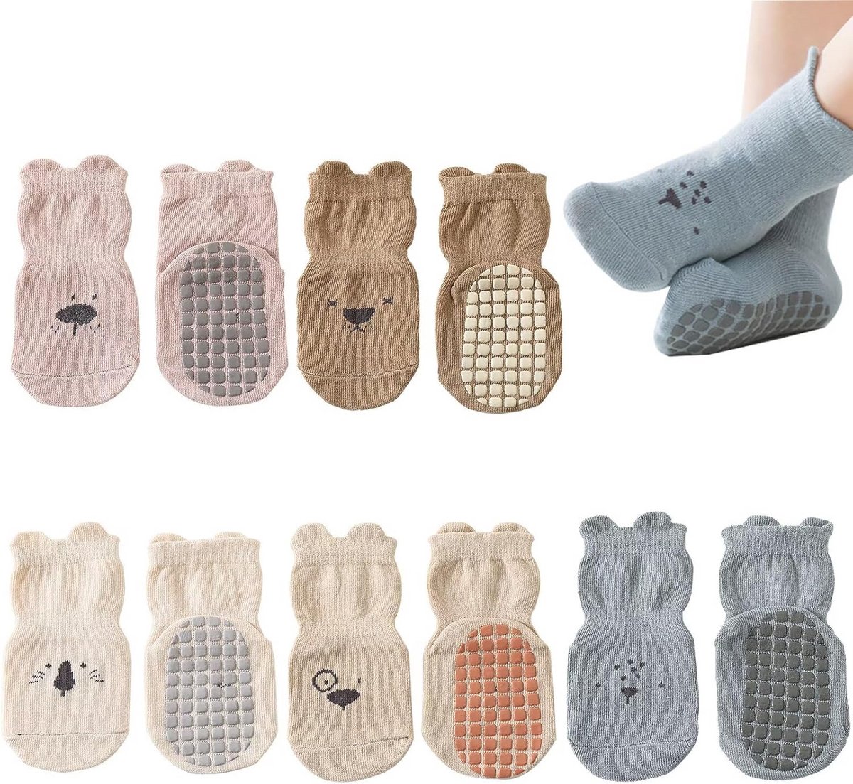 Antislipsokken voor baby's en peuters - 5 paar schattige katoenen sokken voor kinderen (1-3 jaar)