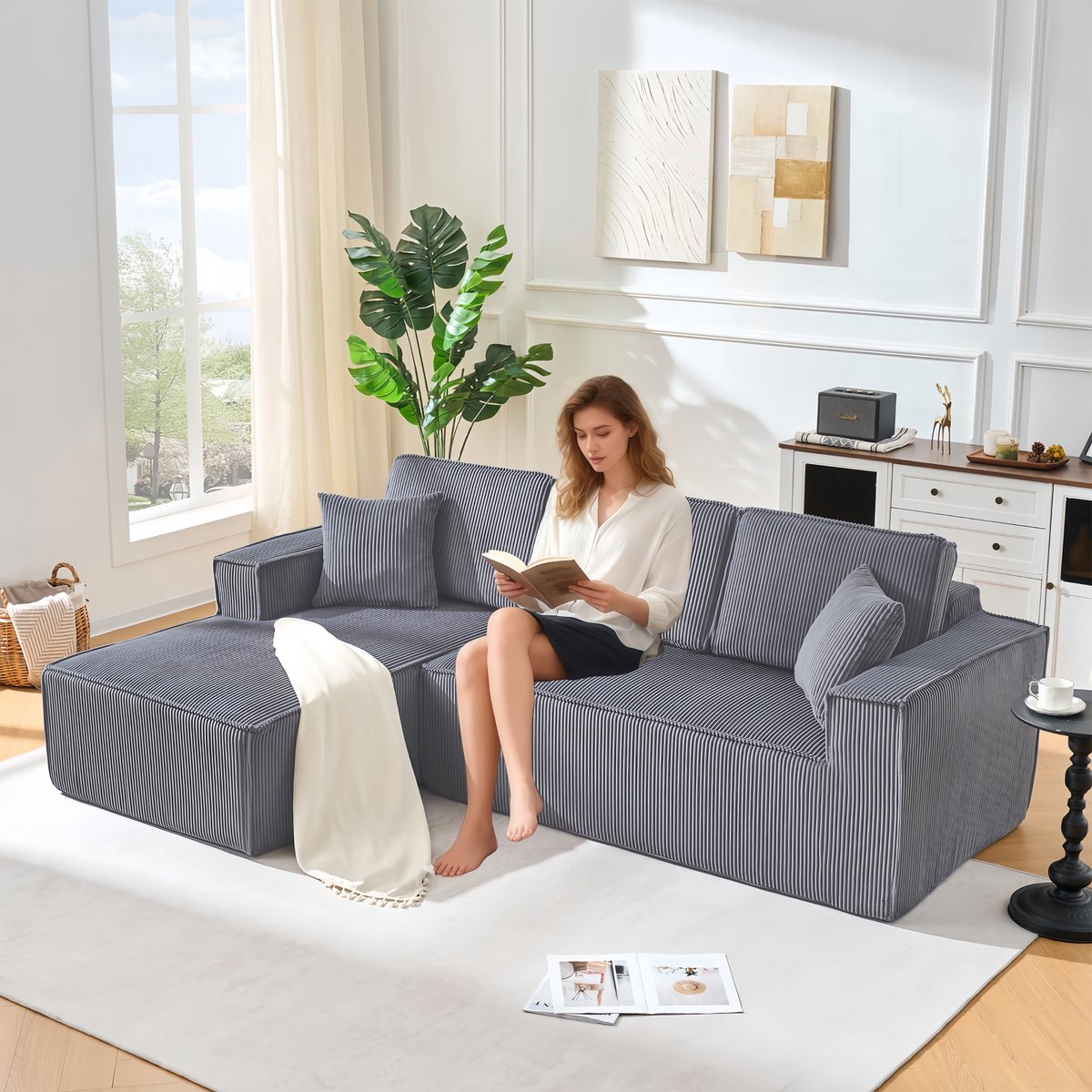 STILVORA Hoekbank - Modulaire L-vorm Sofa - Zitgroep voor 2 Personen Met Chaise Longue - Voor Woonkamer, Appartement En Huurwoning - Corduroy Grijs